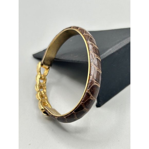 Vintage Brown Snakeskin Bracelet Gold Plated Chain Style 80s 90s Costume Jewelry - Picture 3 of 7